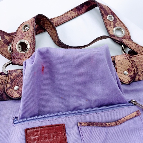 Claudia Firenze Snake Print Leather Shoulder Bag Purple Python Tote - Picture 14 of 16